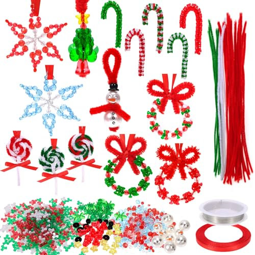 HOWAF Basteln Weihnachten Kinder, Weihnachtsperlen Kunststoff Tri Perlen Pfeifenreiniger Chenille Stiel Weihnachtskranz Schneeflocke Weihnachtsanhänger Weihnachtsbaumschmuck Supplies Kids Girls Adults