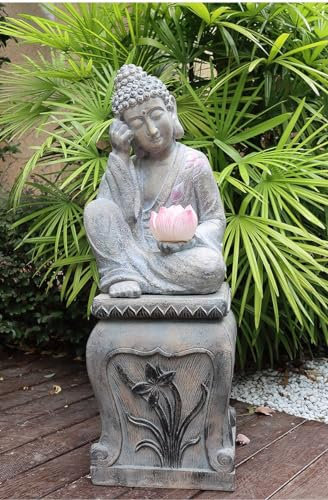 Pevfeciy Buddha Figuren Groß Mit Sockel Mit Lotus Zen Buddha Statue Dekoration,H-50 cm/ 4.5kg 27.5 cm/3 kg,Gartendeko Skulptur für Draußen,Massive Feng Shui Figur aus Steinguss Frostfest