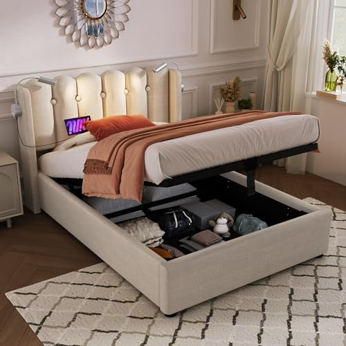 HESHU Polsterbett 90x200 cm, Einzelbett mit Hydraulisch Stauraum, Kopfteil mit Leselicht und USB Ladefunktion, Jugendbett Erwachsenenbett, Leinen, Natürlich, ohne Matratze