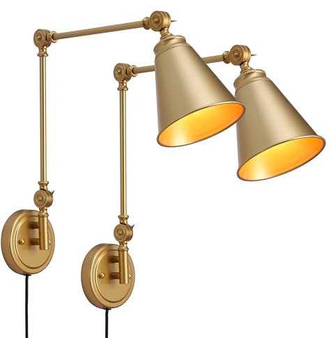SUNLLOK Swing Arm Gold Wall Sconce with Plug in Cord - Industrial Adjustable Ceiling Hanging Wall Light Fixture - Indoor Metal Rustic Reading Wall Lamp Decoration for Living Room Kids Bedroom (2)