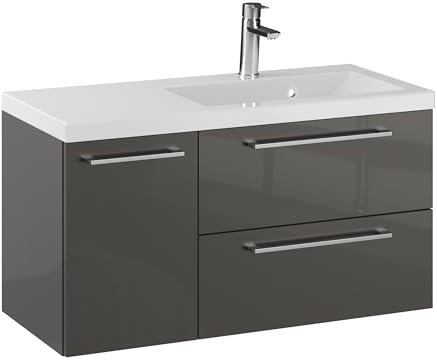 Furni Rosen 90 cm Hängend Waschbecken mit Unterschrank und Stilvollen und Chromgriffen Waschbeckenunterschrank Badezimmer Waschtisch mit Unterschrank Waschtischunterschrank