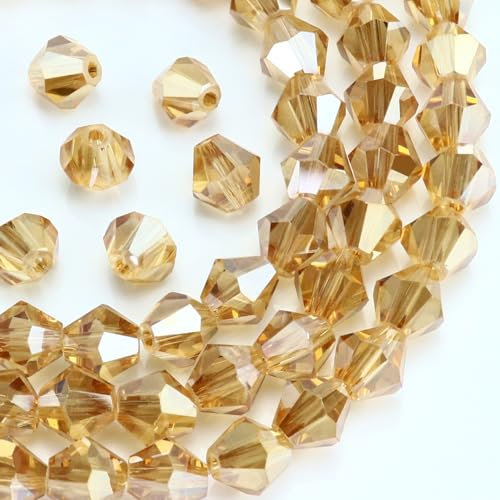 Dowarm 250PCS 6MM Faceted Bicone Crystal Beads for Crafts, Jewelry Making, DIY Bracelet, Necklace, Dolls, Wine Charms, Wind Chimes, Suncatchers, Loose Spacer Glass Beads, Amber Gold