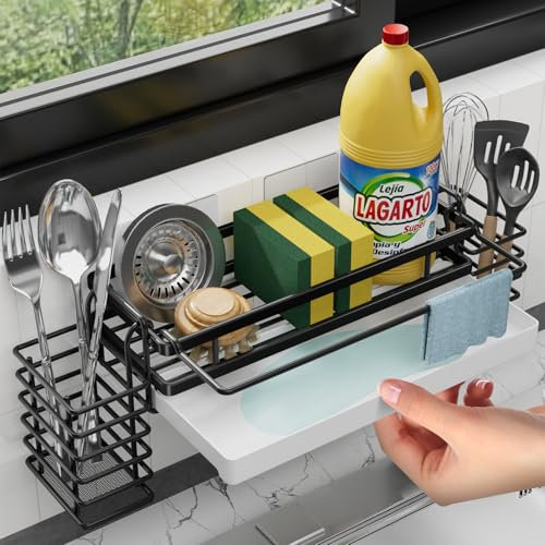 FOXWHALE Küche Spülbecken Organizer Schmal mit Abtropfschale & 2 Halter, Wand Hängend Spüle Organizer Ohne Bohren Selbstklebend Waschbecken Organizer für Küchenzubehör Schwamm/Bürste/Spülseife