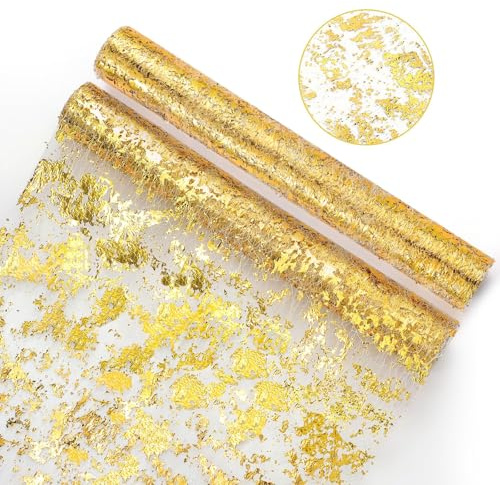 Tischläufer Gold, 2 Stück Tischband Glitzer Aluminiumfolie Tüll Goldener Tisch Läufer Rolle, Table Runner Elegant Tischdecke Läufer für Partys, Hochzeiten, Bankett, DIY Kreativität