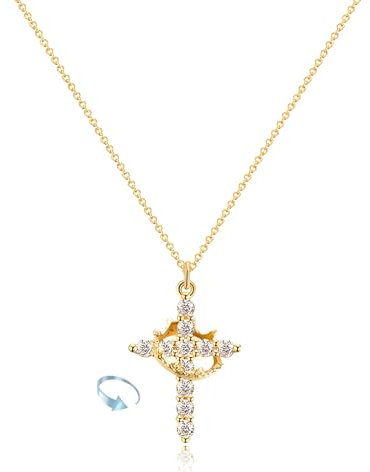 Slipasikao Gepflasterte Halskette mit gedrehter Krone, 18 Karat vergoldete Silberkette mit Kreuzanhänger, drehbare Moissanit-Kreuzkette für Frauen und Männer (Gold,Rotatable)