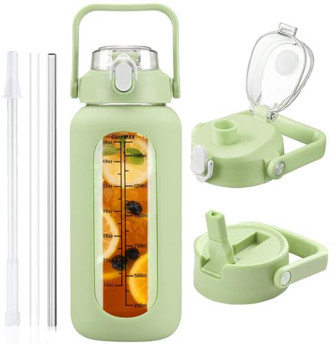 HYDRAGLAZIC 2L Glass Water Bottle with 2 Lids Flip and Chug Lids 2 Liter Large Water Jug with Time Marker and Silicone Sleeve BPA Free Leak-proof for Sports Gym, Light Green
