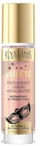 Eveline Cosmetics Variete Flüssiger Highlighter für Gesicht & Körper - Nr. 02 Rose Gold, Universelle Formel mit Vitamin C & Iris-Extrakt, Vegan, 30 ml