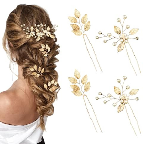 Yeomju Lot de 4 épingles à cheveux de mariée - Feuilles dorées - Perles de cristal - Vintage - Accessoires de cheveux de mariage - Bijoux avec strass - Pour mariées, demoiselles d'honneur, demoiselle
