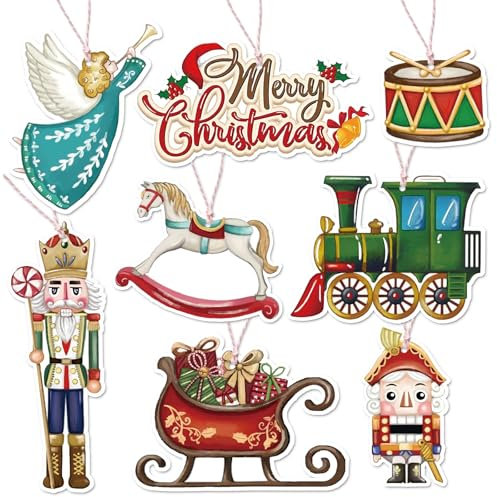 Whaline 80Pcs Merry Christmas Paper Gift Tags Nutcracker Hanging Labels with Cotton Rope for Xmas Party Decoration DIY Crafts Supplies, 8 Designs