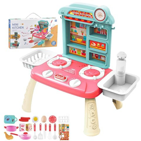 Rollenspiele für Kinder - Echte Lichtgeräusche Kinderwaschbecken mit fließendem Wasser - Miniküche für Kinder, Rollenspiel für Kleinkinder mit reichhaltigem Zubehör für drinnen und draußen