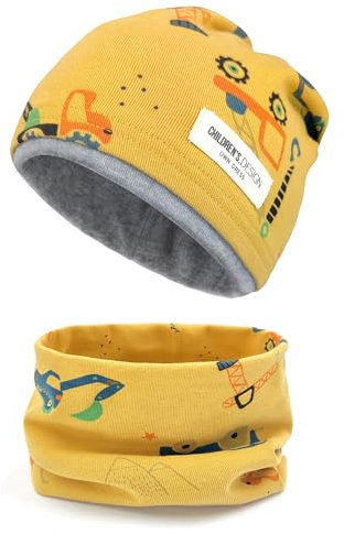 beifon Kinder Beanie Mütze & Loop Schal Set, 95% Baumwolle Mütze Schal Set Mädchen Jungen 2-8 Jahren, Schlauchschal Warme Wintermütze Strickmützen für Herbst Winter Frühling (Gelb)