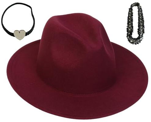 JK Home Fedora-Hüte mit 2 abnehmbaren Gürtelschnallen – breite Krempe, Wollfilz, Panamahut, weich, warm, Jazz-Mütze für Unisex Herren und Damen, Burgunderrot #A, Einheitsgröße