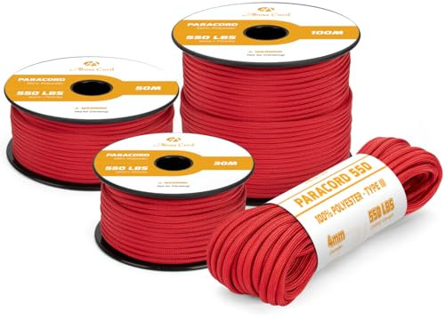 Abma Cord 550 Paracord 4mm 30m Rope 7 Strands Type III Parachute Cord for Crafting, Camping, Survival, Outdoor - Max. 250kg - Red