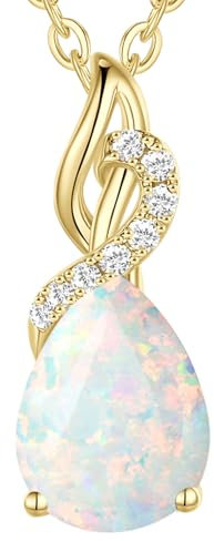 FANCIME Solide 14 Karat 585 Gelb Gold Anhänger Kette mit Tropfen Opal und echt 0.28ct Diamant Geschenk Schmuck für Damen, 925 Silber Kette: 40 + 5 cm