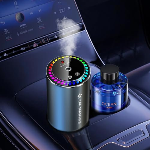 AI Ambientador Coche con 50ml Perfume (Colonia), Difusor de Fragancias Eléctrico para Automóvil, On/Off Automático, Sensor Musical, Atomizador Ultrasónico, 3 Modos, Recargable, Duración 5 Meses BJ-579