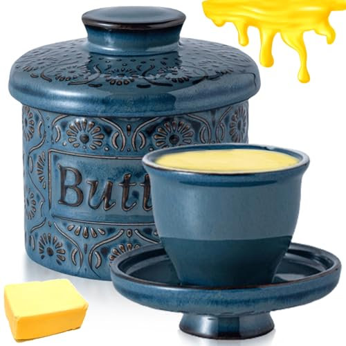 Butterglocke Keramik Mit Deckel, 250g Butterdose Wassergekühlt, Französische Butterdose Aus Keramik Mit Wasserlinie, Für Frische Und Streichfähige Butter, Reaktive Glasur Blau