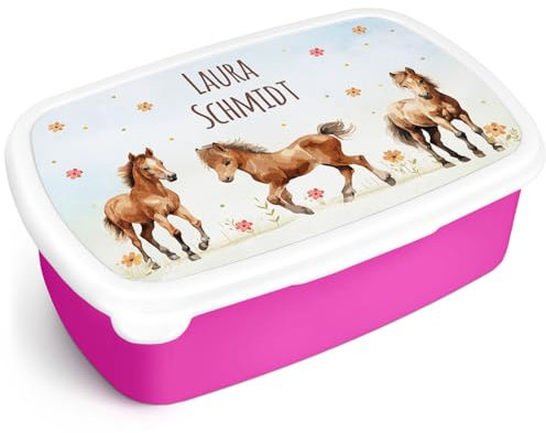 GRAVURZEILE Bedruckte Lunchbox - Pferde - Personalisiert mit Namen - Brotdose für Kinder - Individuell bedruckt mit Wunschmotiv - Platzsparend stapelbar - Perfekt für Schule & Kita - Farbe: Pink