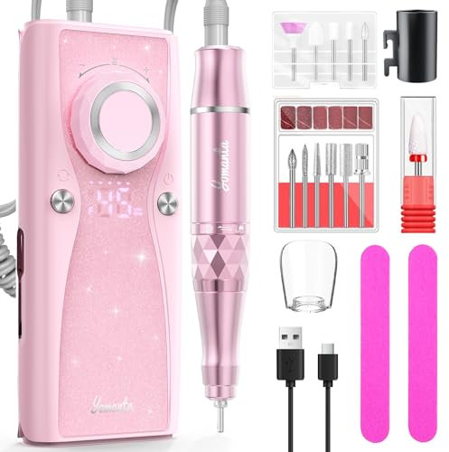 yomanta Nagelfräser professionell set 45000 RPM Tragbare Elektrische nagelfräser 10H+Batterielebensdauer Wiederaufladbar nagelfräser für gelnägel, LCD-Anzeige Einstellbare Drehrichtung-Rosa