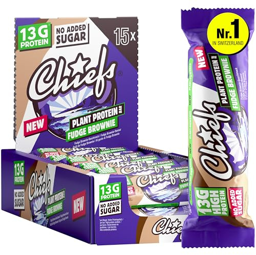 CHIEFS Protein Bars - 15 Healthy Snacks - Delicious Vegan Protein Snacks with No Sugar Added & Low Carb - Fudge Brownie - Perfect-On-The-Go - 55g per bar