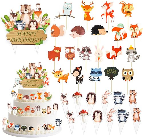 Waldtiere Deko Geburtstag Tortendeko Tiere - 33 Stück Tier Geburtstagsdeko Niedlich Safari Kuchendeko, Papier Cupcake Toppers für Kindergeburtstag Baby Shower Dekoration