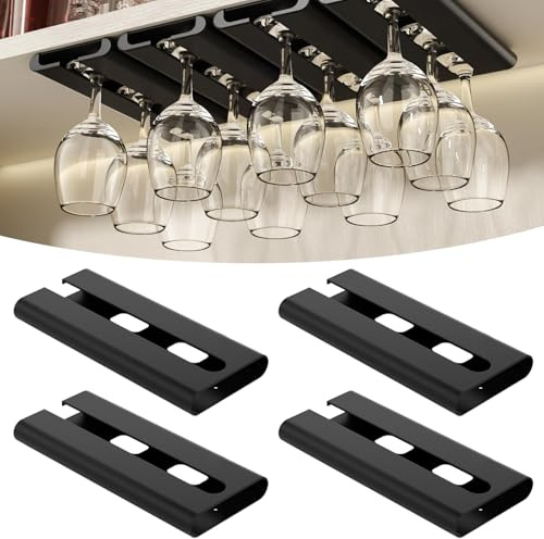 Mxdzshy 4 Stück Weinglashalter Hängend Gläserhalter zum Aufhängen Schwarz | Weingläser Halter Unter Dem Schrank Weingläser Halterung Weinglasregal Selbstklebend Stemware Racks für Küche Bar Restaurant