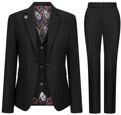 Traje de mujer de 3 piezas, color negro liso, ajuste a medida, vestido formal para mujer, Negro, 48