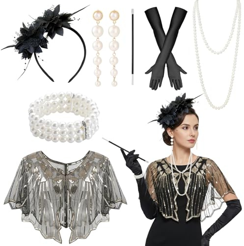Dongcill 20er Jahre Kostüm Damen, 8-teiliges Great Gatsby Accessoires, 1920er Jahre Kleid Zubehör Set mit Kopfbedeckung Handschuhen Halskette Armband Ohrringen für Karneval Halloween