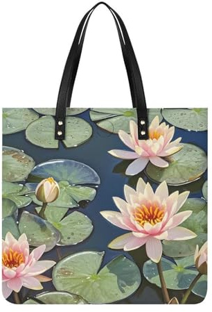 Peach Water Lily Painting (3) Tote Bag Shoulder Bags Grocery Shopping Bag | PU Leather Tote Purse Large Capacity Shoulder Handbag with Inner Pocket Casual Work Bag for Women Travel Beach Work