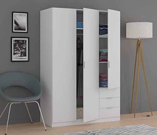 Miroytengo Armario Dormitorio en Color Blanco con 3 Puertas 3 Cajones Estantes y Barra para Colgar 121x52x180 cm