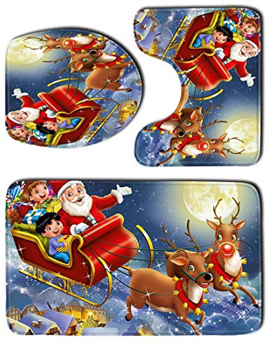 JMAHM Toiletten Sitzabdeckung Mat Badematten 3 Stück Badezimmer Set rutschfeste Badezimmer Teppich Matte Podest Mat Weihnachten (SHDJ11)