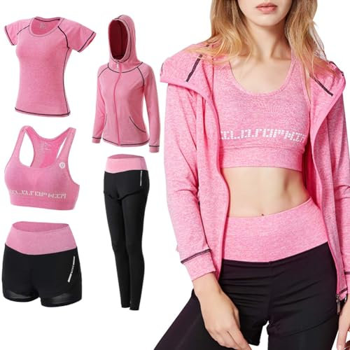 ODWTMRK Ensembles de Sport Femme Survêtement 5 Pièce Sportswear Costumes de Sport Gym Yoga Athletisme Fitness Jogging Tenue de Sport (Rose,L)