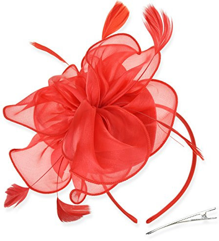 DRESHOW Femmes Fascinator Chapeau Fleur Mesh Plume Mariage Dames Day Bandeau et Clip Cocktail Tea Party Chapeau