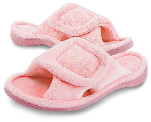 Git-up Chaussons Femme Mousse à Mémoire avec Support de l'arche Ajustable Crochet et Boucle Diabétique Large Bout Ouvert Pantoufles de Maison Extérieur et Intérieur, Rose 9.5/10.5