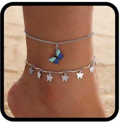 Handcess Boho paillettes Double bracelets de cheville papillon bleu bracelets de cheville en argent couches gland chaînes de pied pour femmes et filles