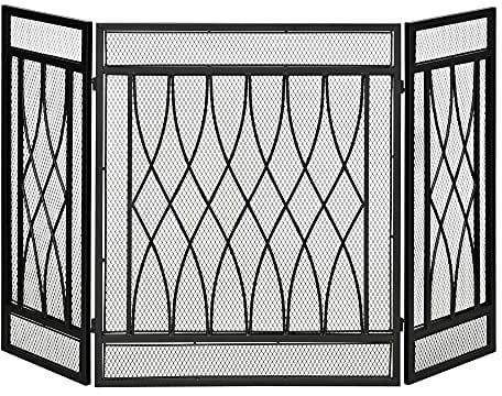 HOMCOM Grille de Protection pour cheminée - Pare-feu Large pour cheminée ou poêle - Pare-étincelles - barrière de sécurité - 3 Volets Pliables - métal Noir