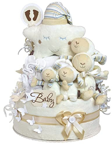 MomsStory - Windeltorte Stern & Schaf Family - Handgefertigte, neutrale Windeltorte für Jungen und Mädchen - Baby-Geschenk zur Geburt oder Babyparty