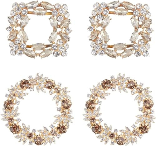 FINGERINSPIRE 4 Elegante Schuhclips aus Kristall mit Strasssteinen, (rund und quadratisch, hellgolden) Brautschuhschnallen mit Blumen für Hochzeit, Party, Geldbörse, Zubehör, Dekoration