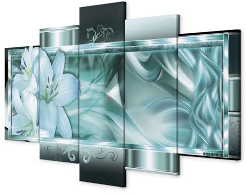 B&D XXL - Wandbilder XXL Abstrakt 150x75cm 5 tlg - Wand Deko Leinwand Bilder Groß Wanddeko Wohnzimmer Schlafzimmer Kunstdrucke - Blumen Lilien Illusion Ornamente a-C-0069-b-m