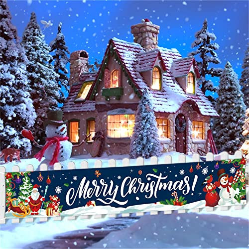 Weihnachten Banner Deko Outdoor, Großes Blau Frohe Weihnachts Deko mit Weihnachtsmann Schneemann Hintergrund, Christmas Hof Schild Banner für Outdoor Zaun Garten Neujahr Party Dekoration, 210 x 40 cm