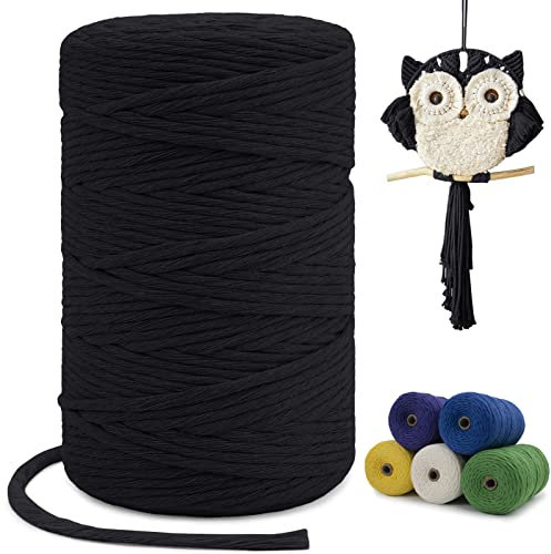 LEREATI Macrame Cord 3mm x 200m, Single Strand Thick Macrame Rope Yarn Natural Cotton Cord, Craft Macrame String for Plant Hanger, Wall Hanging, Knitting, DIY, Home Decorations (Black)