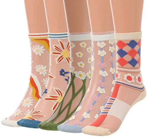 IYOU Chaussettes Transparentes Femme à Fleurs Orange Chaussettes Maille Fine Voir à Travers Chaussette Dentelle été Jacquard Fleurs pour Femmes,Taille Unique,35-40