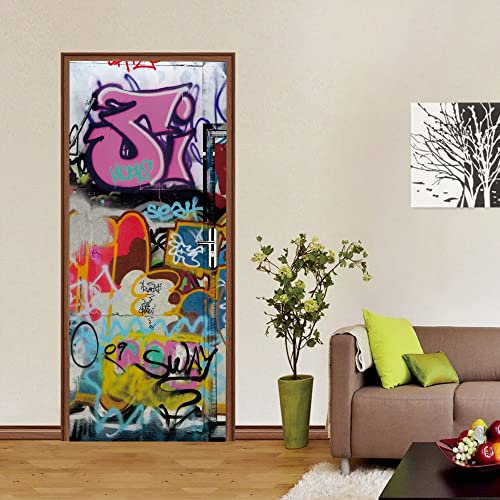 xxl poster 77x200cm(30.31 inches * 78.74 inches) Farbe graffiti Türtapete 3D Eingang Tür Luxus Fototapete 3D Türaufkleber Freien Türtapete selbstklebend Kinderzimmer Jungen