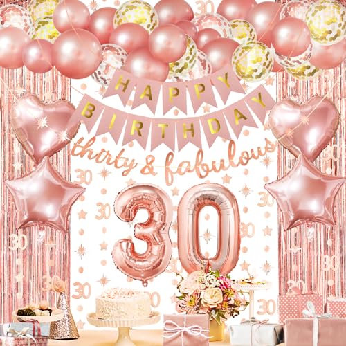 ZERODECO Rose Gold Birthday Party Decorations 30th, Happy Birthday Banner 30th Theme Banner Fringe Curtain 30 Garland Heart Star Foil Confetti Balloons for Women Girls Queen Princess Birthday Party