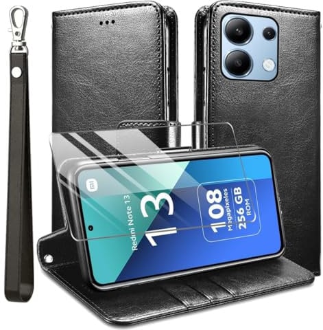 for Xiaomi Redmi Note 13 5G Case and 1 Tempered Glass Screen Protector, Leather Wallet Phone Case with Card Slots Magnetic Closure Kickstand Protective Cover for Xiaomi Redmi Note 13 5G - Black