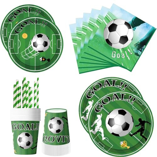 ASSUGO pappteller Fussball fußball deko Geburtstag einwegteller 60pcs, Kindergeburtstag Partygeschirr mit fußball servietten Teller Becher Strohhalme - EM 2024 geburtstagsdeko