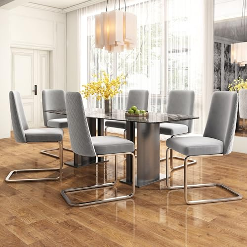 Merax Schwingstuhl 6er-Set, Samt Esszimmerstühle mit Metall-Stützbeinen, bequemer Freischwinger Stühle für Wohnzimmer, Schlafzimmer, Samt, Grau & Silber