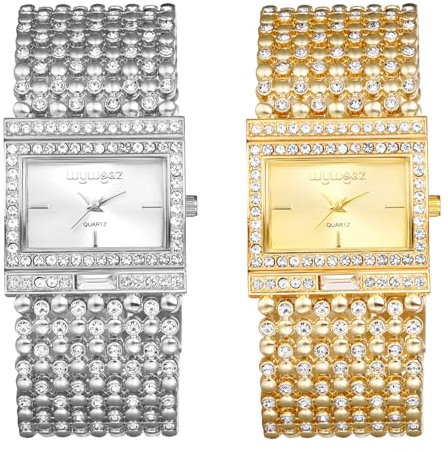 JewelryWe Damenuhr Glitzer Rechteckig Uhr: 2 Stück Damen Bling Strass Analog Quarz Armbanduhr Frauen Breit Metallarmband Armreif Lässige Diamant Spangenuhr mit Eckigem Zifferblatt