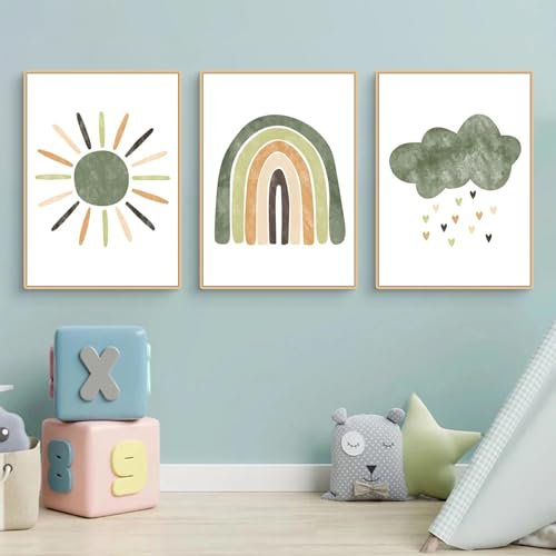 Herfair 3er Set Bilder Kinderzimmer Grün Regenbogen Wolken Wandbilder Boho Deko Poster Babyzimmer Ohne Rahmen für Jungen Mädchen Schlafzimmer Wanddeko (21x30cm A4)