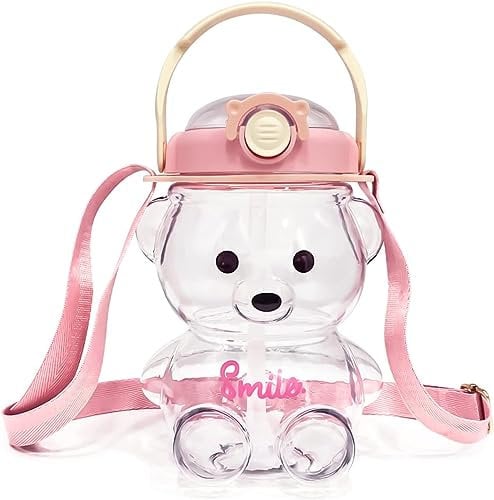 FELHPSP Kawaii Bear Water Bottle With Straw and Adjustable Strap,Bear Shaped Water Bottle,Large Cute Portable Bear Drinks Bottle Spill Proof and Leak Resistant Lid for Daily Use