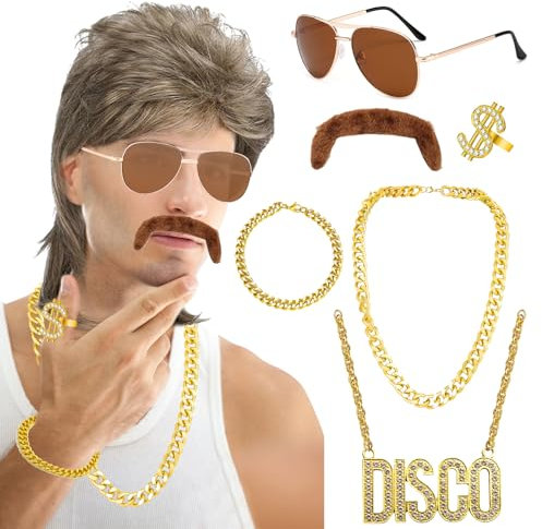 Roserrose Vokuhila PerüCke Herren 70er 80er, PerüCke Vokuhila MäNner 7er Set, 80er Jahre Outfit Herren Mit Goldkette, Sonnenbrille, Schnurrbart, Goldring - FüR Thema 70er 80er KostüM Party